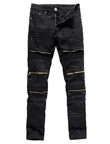 

xaraza men's distressed ripped biker moto denim pants slim fit zipper jeans, Blue