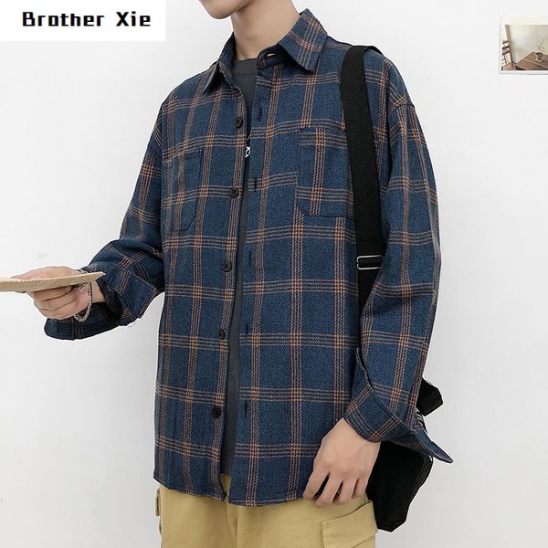 

весна клетчатая рубашка мужская мода ретро повседневная рубашка человек уличная дикая свободная мужская с длинными рукавами большой размер, White;black