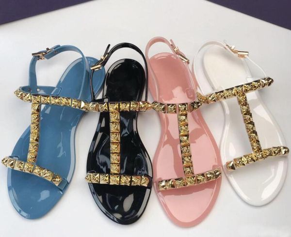 

woman summer sandals rivets flip flops beach sandalias femininas flat heel jelly designers have a logo sandals black/white/pink