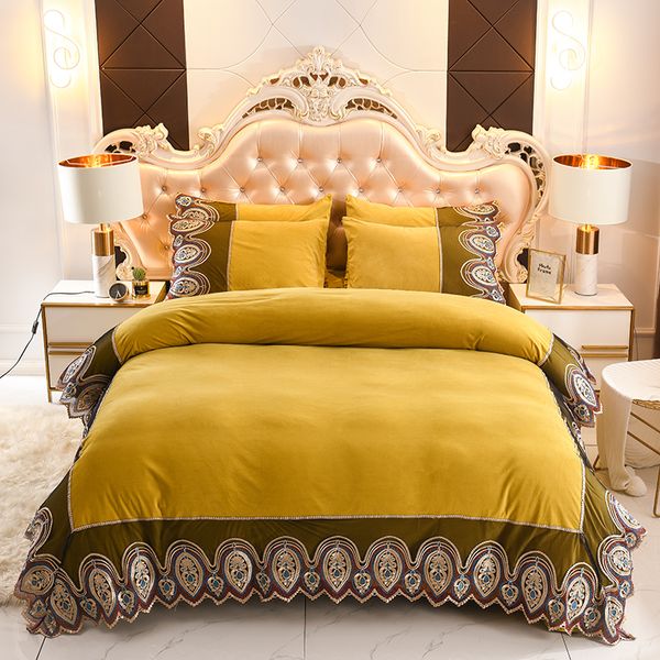 

luxury yellow green purple gray winter velvet european palace lace bedding set fleece fabric duvet cover bed sheet pillowcases