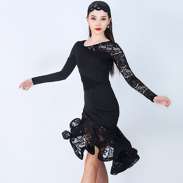

lace latin dress for women black tango salsa cha cha samba practice dance wear slim rumba ballroom performance clothes dc1673, Black;red