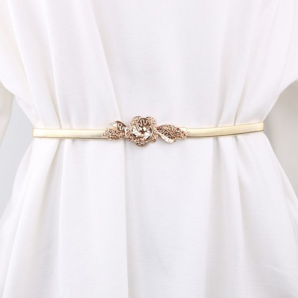 

metal belts for women women skinny flower belt female gold silver color waist chain elastic thin cummerbunds, Black;brown