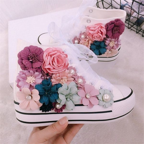 

2019 new autumn hand made flower canvas girls's shoes students increase height sports leisure single shoes, Black
