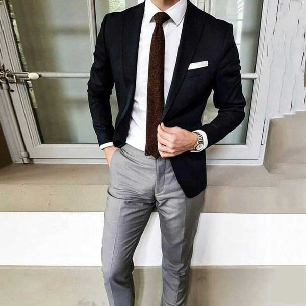 

Latest Man Blazer Groom Jacket Black Business Coat Grey Pants Costume Homme Terno Masculino 2Piece Best Man Suit Slim Fit Suits for Men