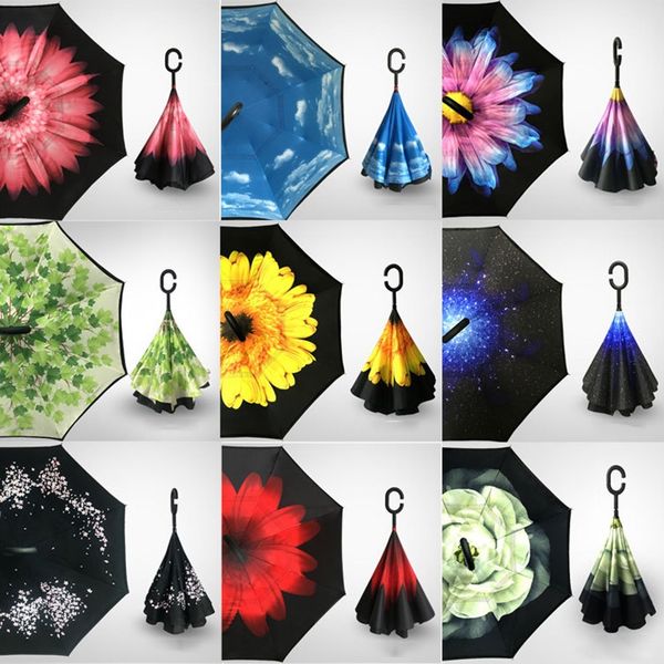 

inverted umbrellas with c handle double layer inside out windproof beach reverse folding sunny rainy umbrella an2032