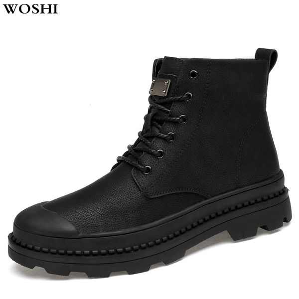 

winter men snow boots lace up fashion ankle boots man genuine leather lace up plush warm men motorcycle outdoor man shoes, Black