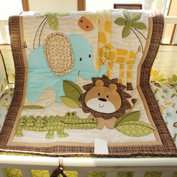 

baby products ins cot organizer 100%cotton crib bedding set 7pcs baby girl bed set embroidery lion elephant giraffe and crocodil
