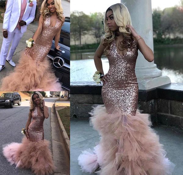 Africano meninas lantejoulas Prom Dress Rosa de Ouro formais Holidays Pageant desgaste do partido Evening Traje Académico Custom Made Plus Size