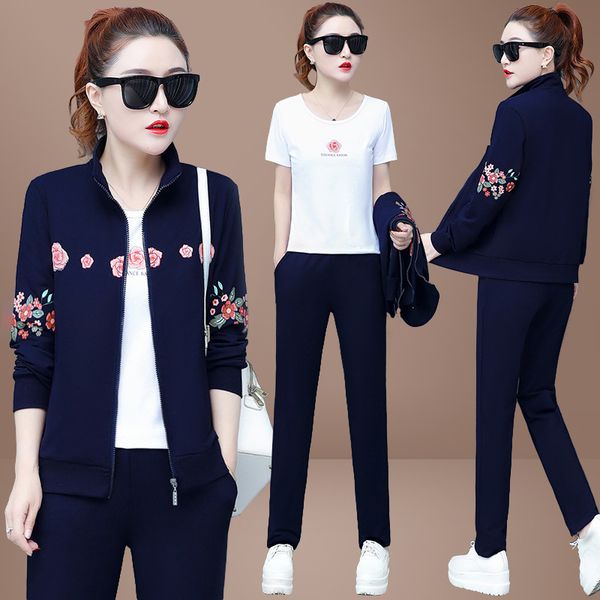 

3pcs autumn women sportswear tracksuit flower printed zip up jacket+sweatshirt+pant running jogging fitness gym set sport suit, Black;blue