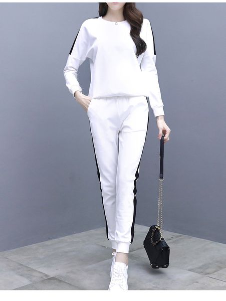 

black white front striped slim fit sweatshirt and pants set crop autumn casual sporting women two piece sets