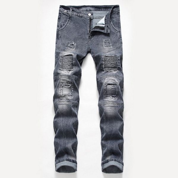 

men's ripped jeans men's stretch straight size smoky gray long pants, Blue
