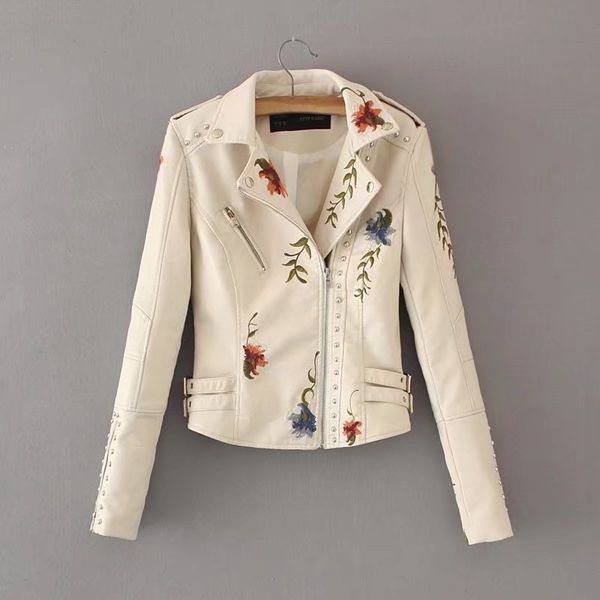 

women floral print embroidery faux soft leather jacket coat turn-down collar 2019 casual pu motorcycle black punk outerwear