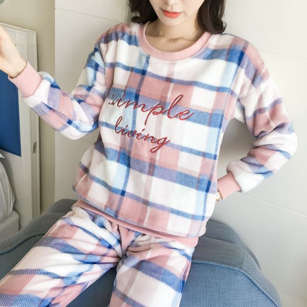 

winter preppy style thick pajamas 2018 new fleece loungewear sweet plaid set sweatshirt pants loose elastic waist pyjamas s8d211, Blue;gray