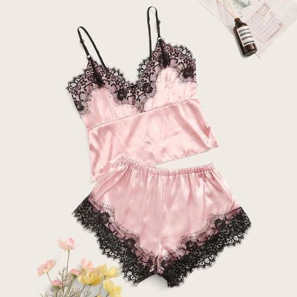 

women nightwear lace trim pajamas satin v-neck camisole shorts set lingerie sleeveless sleepwear vestido para dormir w5, Black;red