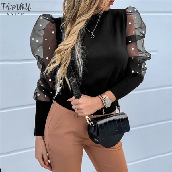 

2020 new womens mesh sheer puff sleeve spring autumn casual lady long sleeve blouse slim clubwear 3fs, White