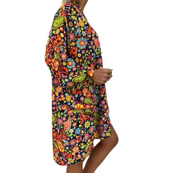 

beach summer loose long sleeve tunic spring sundress fashion casual women dress party ladies floral printed v neck, Black;gray
