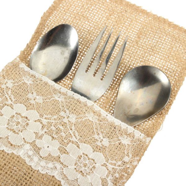 

burlap cutlery bags hessian lace pocket tableware holder wedding decor