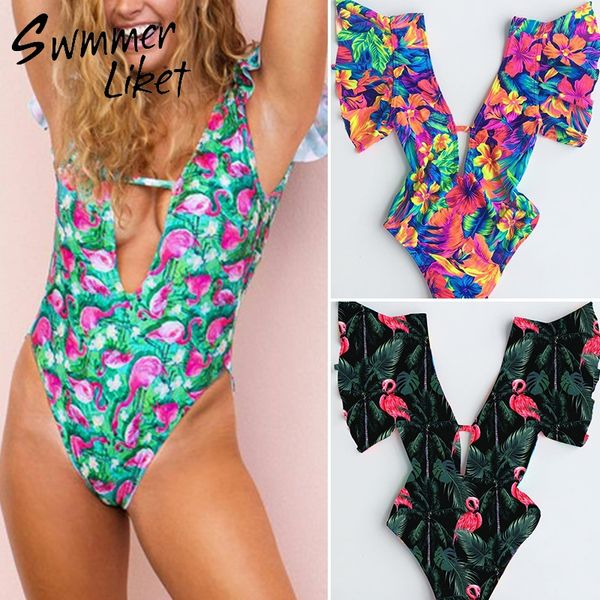 

push up female swimsuit one piece large size swimwear women new ruffle floral bikinis 2019 mujer bathing suit women bathers