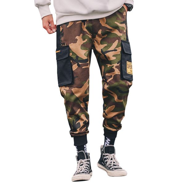 

men multi-pocket elastic waist design harem pant men streetwear punk hip hop casual trousers joggers male dancing pant, Black