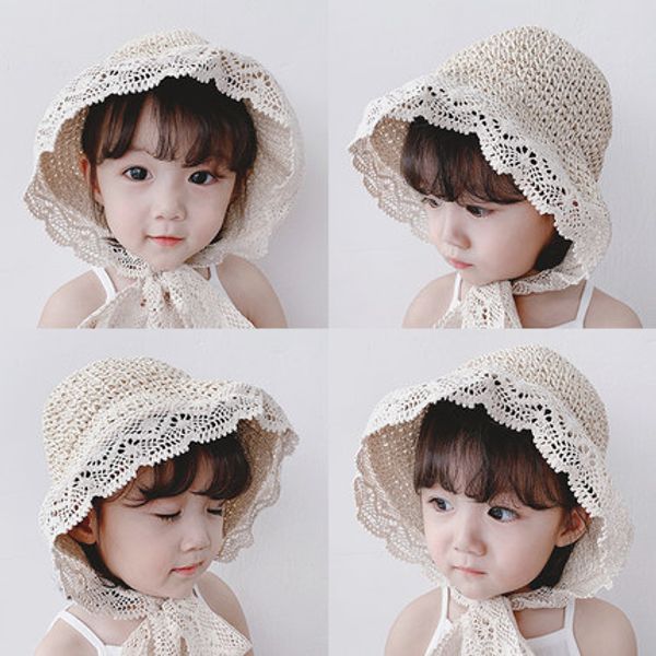 

summer baby straw hat cute breathable lace cord beach sun hat girls boys wide brim windproof solid color cap, Yellow