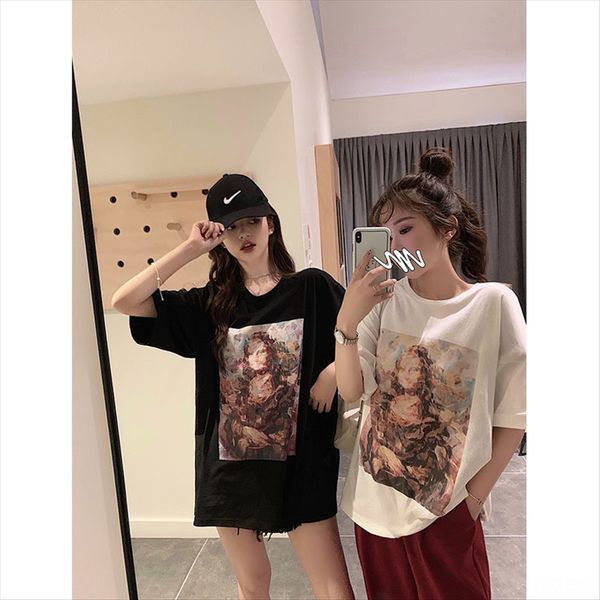

2019 loose bft shirt women's printed shoulder lazy all-match round collar short sleeve fashionable midi style, White