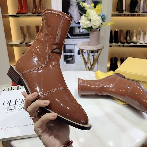 

luxury designer women winter boots with white glossy neoprene short heel ankle boots leather bottom fashion boots for women, Black