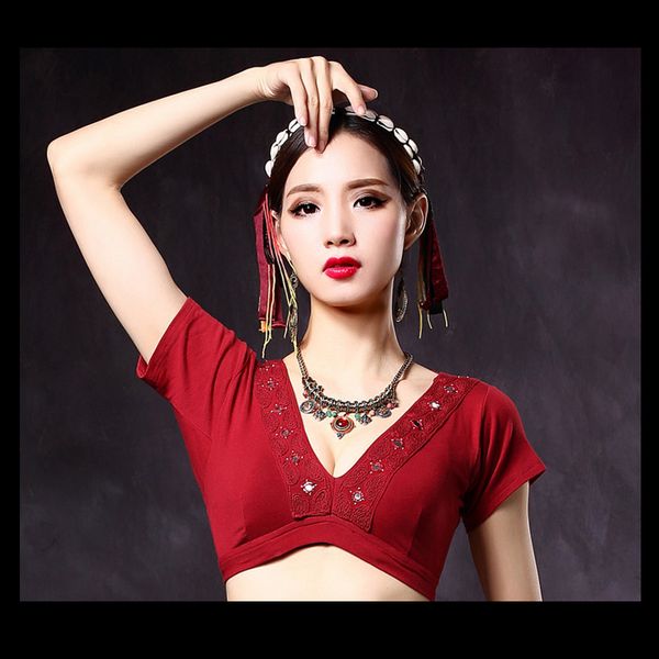 

belly dance costumes tribal style blouse cotton fabric practice dancewear yoga cloths cz002, Black;red