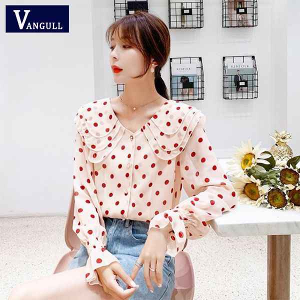

vangull new women blouse red polka dots long sleeve chiffon shirt female casual slim chic blusas peter pan collar shirts, White