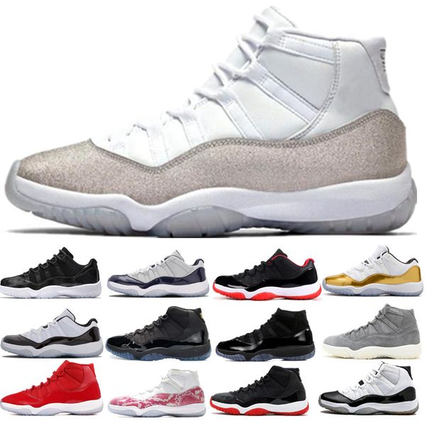 

new 11 11s bred metallic silver space jam concord basketball shoes prm heiress barons men women cap and gown gym red 72-10 sneakers, White;red