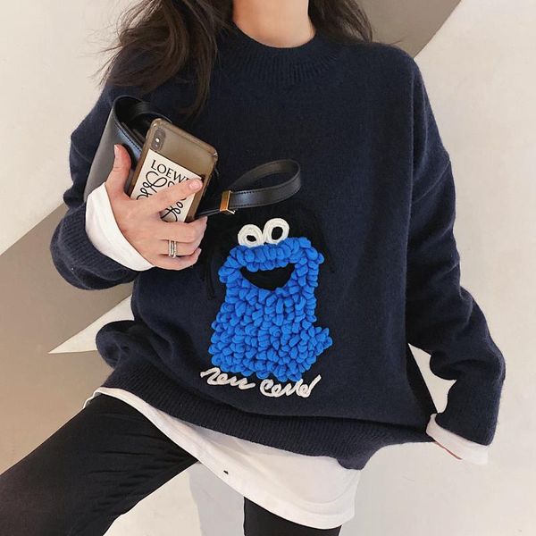 

loose jumper out of 2020 autumn winter new heavy industry three-dimensional flower cartoon lazy knitted sweater women, White;black