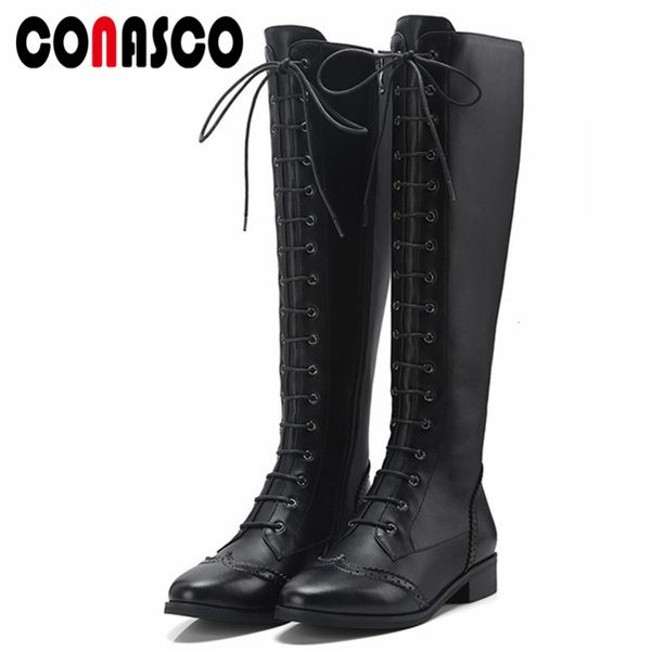 

conasco fashion brand knee high motorcycle boots high heels corss-tied motorcycle boots long warm autumn winter shoes woman, Black