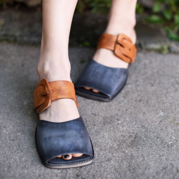 

artmu original women slippers shoes belt buckle peep toe square toe shoes handmade genuine leather outside wear sandals fashion, Black