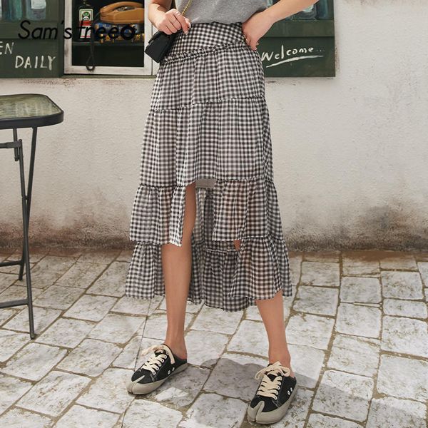 

sam's tree black plaid irregular tiered hem casual women skirts 2020 spring new vintage a line korean ladies daily midi skirts