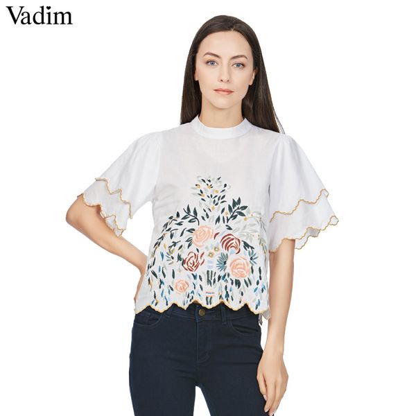 

vadim женщины цветочной вышивок рубашка с коротким рукавом о кнопках шеи назад волна элегантной блузки летом случайного tops blusas dt1294, White