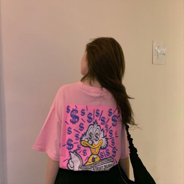 

korean basic loose printed pink white cotton short-sleeved t-shirt korean basic loose printed pink white cotton short-sleeved t-shirt