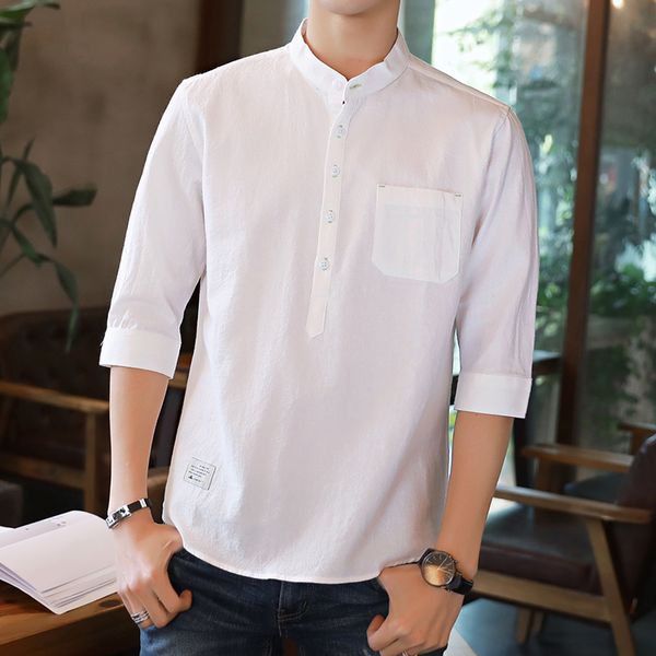 

summer button up cotton linen shirts men solid casual vintage white blouse men loose linen shirt, White;black