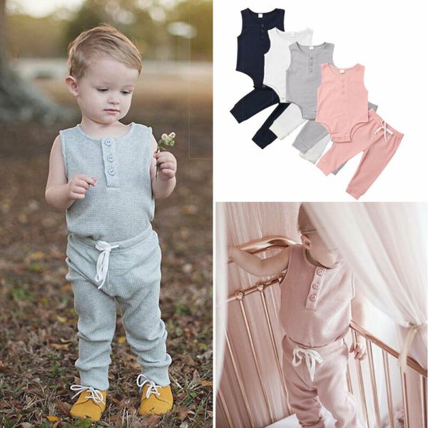 

2pcs toddler girl boy vest pants romper jumpsuit trousers clothes baby girls solid clothes set, White