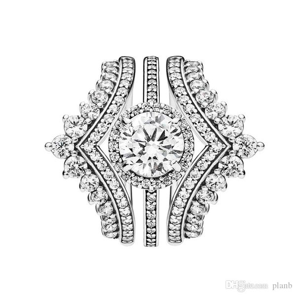 

3 in 1 luxury ring set princess wish rings round sparkle halo ring for pandora 925 sterling silver ring with original box, Slivery;golden