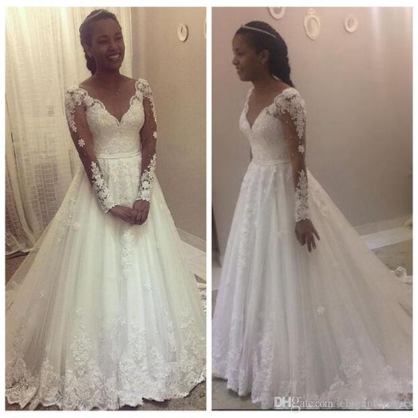 

elegant white v-neck a-line wedding dresses long sleeves lace appliques formal bridal gowns beading robe de mariee modest