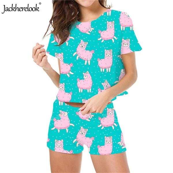 

jackherelook breathable summer women's fitness sports clothing cute alpaca print elastic waist shorts ladies running sets girls, Black;blue