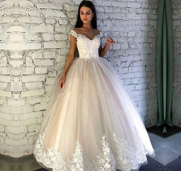 Abito da sposa lungo economico Una linea con spalle scoperte Appliques Tulle Country Garden Church Abito da sposa formale Custom Made Plus Size