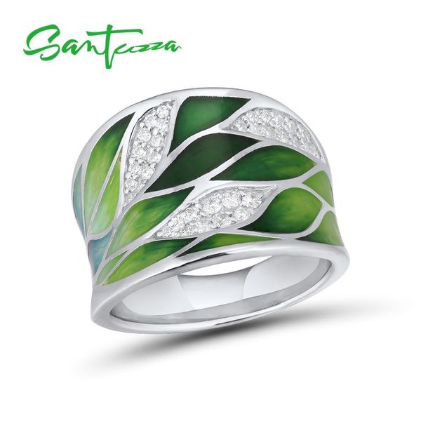 

santuzza silver rings for women genuine 925 sterling silver green bamboo leaves luminous cz trendy jewelry handmade enamel ly191226, Slivery;golden