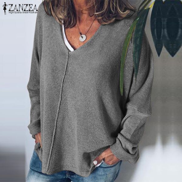 

5xl zanzea 2019 autumn v neck party sweaters women solid knitted pullover casual long sleeve loose jumpers female knitwear top, White;black