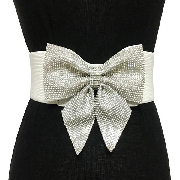 

casual crystal rhinestone bow-knot belts for women bride wedding party elastic wide bridal dress belt accessories, Black;brown