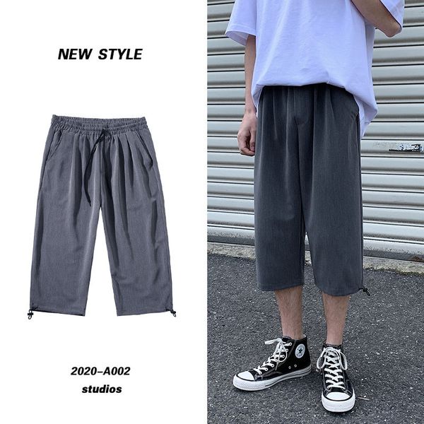 

men's pants summer casual fashion solid color drawstring men streetwear hip-hop loose straight cropped mens m-5xl, Black