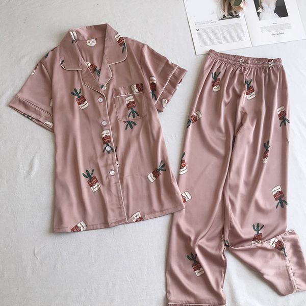 

autumn spring set silk elegant women pajamas print shorts long sleeve elastic waist pants full lounge sleepwear 6.25, Black;red