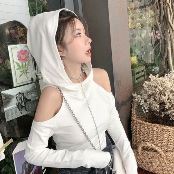 

korean style fashion hooded t shirt women off shoulder white black grey casual long sleeve t-shirt women clothes