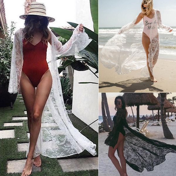 

new women lace floral blouse kimono bikini cover up cardigan long sleeve sunscreen loose comfortable blouse plus size xl, White