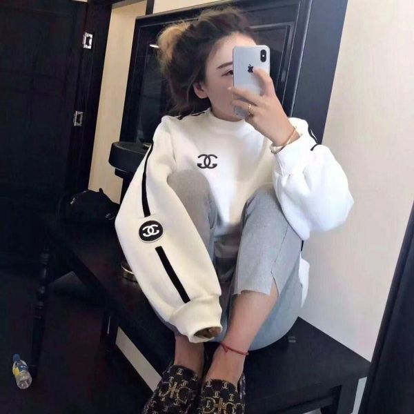 

корейская версия свободная толстовка женщина осень новая зима белый пуловер с флисом утолщенный джокер с капюшоном блузка с длинными рукавам, Black