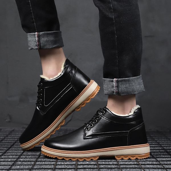 

2019 winter men boots leather high lace-up snow boots warm with fur lightweight waterproof ankle shoes 2019 sapatos zapatos, Black